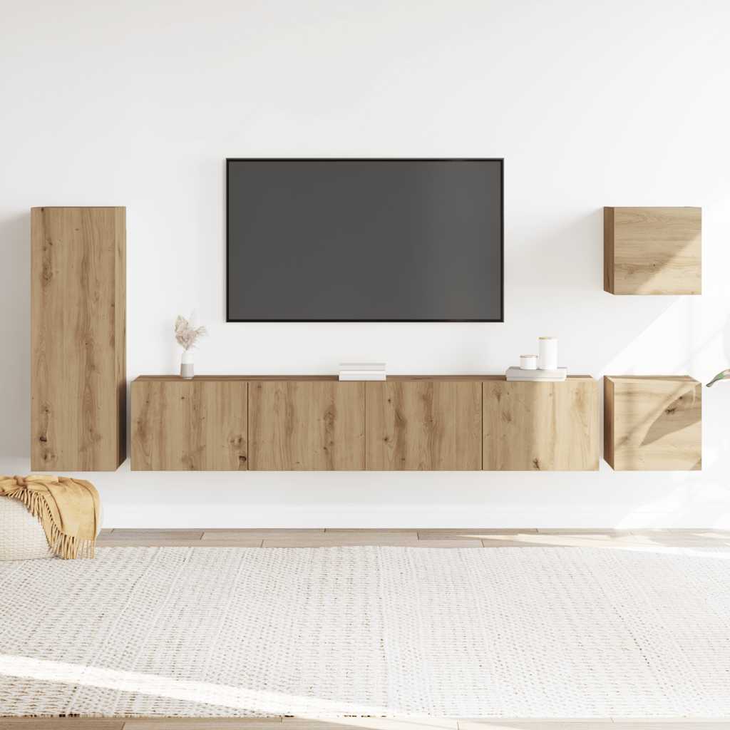 5-delig Tv-meubelset wandmontage bewerkt hout artisanaal eiken is nu te koop bij PeponiXL, paradijselijk wonen!