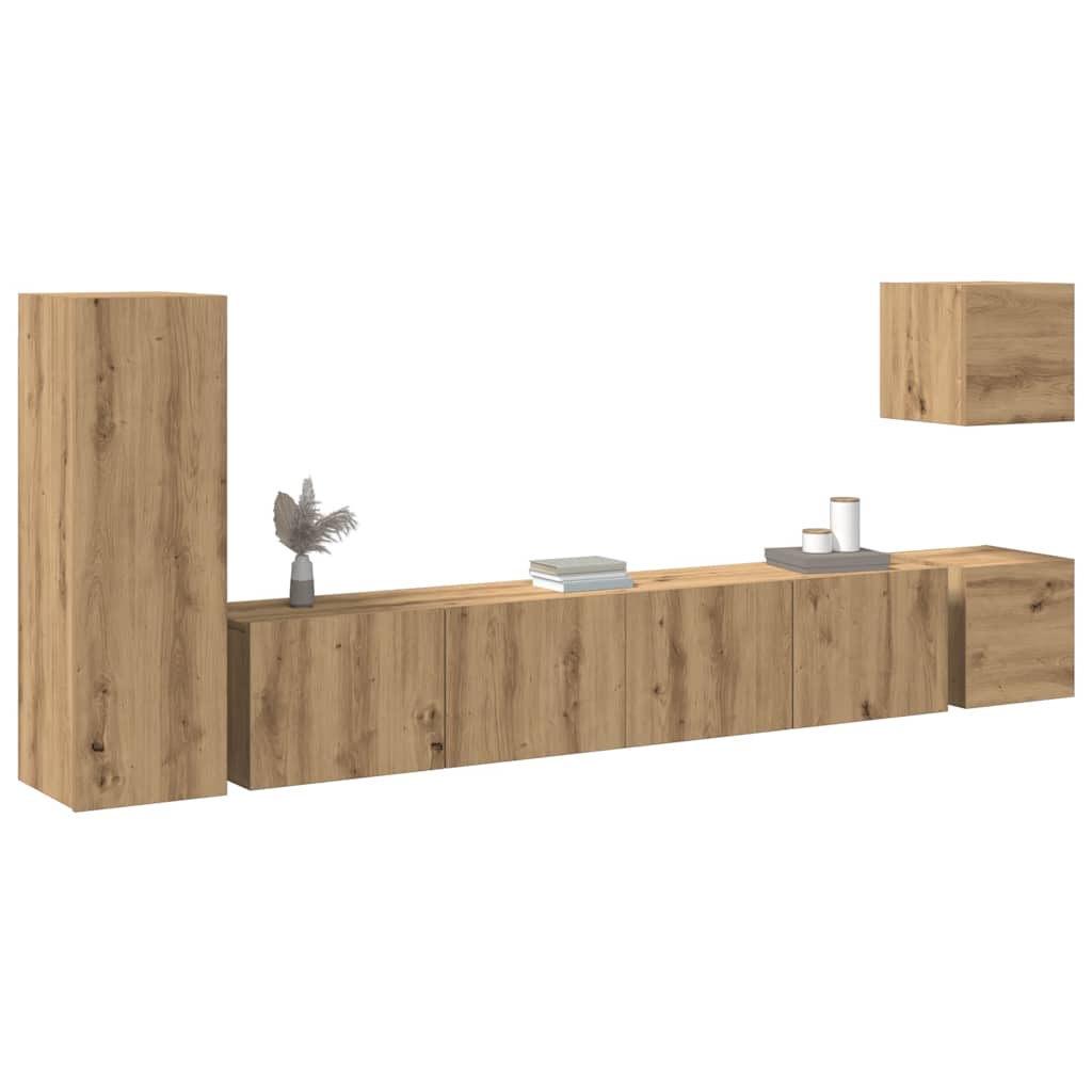 5-delig Tv-meubelset wandmontage bewerkt hout artisanaal eiken is nu te koop bij PeponiXL, paradijselijk wonen!