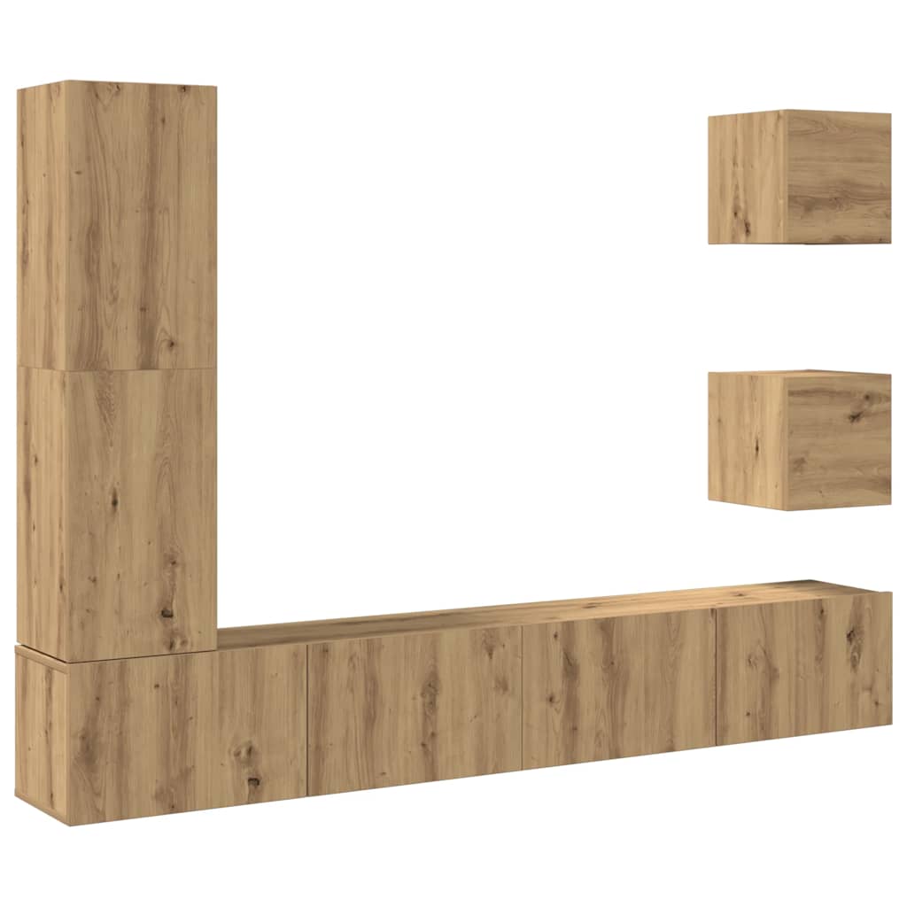5-delig Tv-meubelset wandmontage bewerkt hout artisanaal eiken is nu te koop bij PeponiXL, paradijselijk wonen!