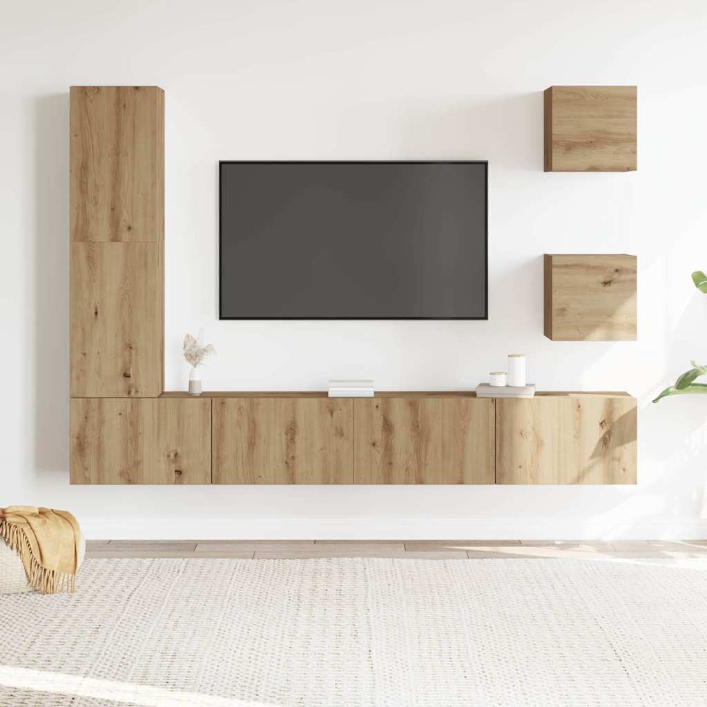 5-delig Tv-meubelset wandmontage bewerkt hout artisanaal eiken is nu te koop bij PeponiXL, paradijselijk wonen!