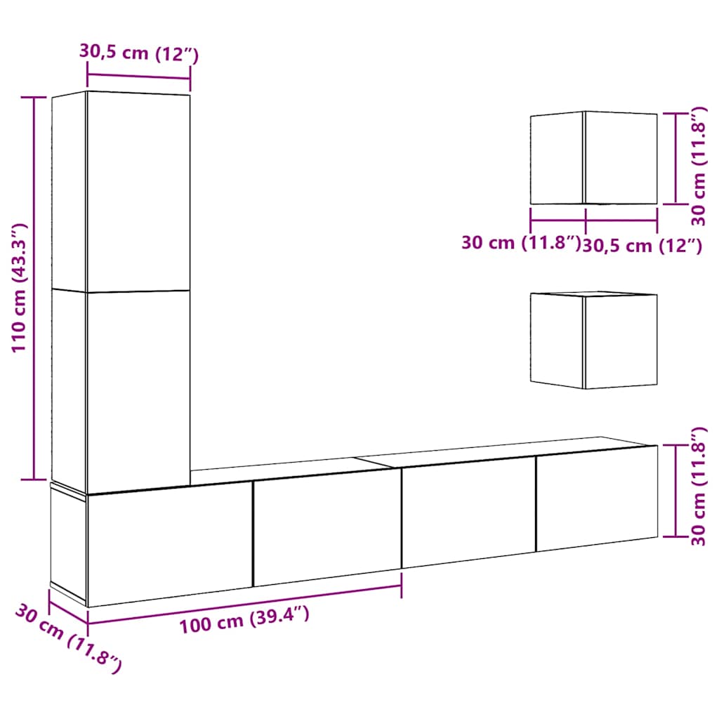 5-delig Tv-meubelset wandmontage bewerkt hout artisanaal eiken is nu te koop bij PeponiXL, paradijselijk wonen!