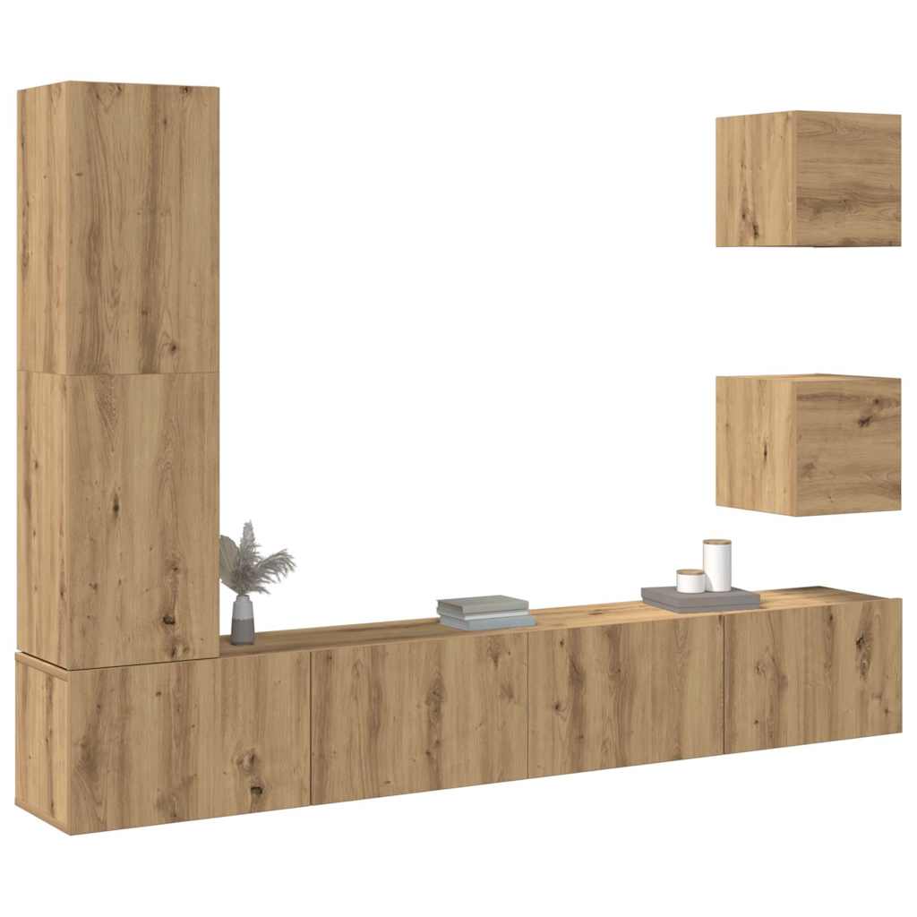 5-delig Tv-meubelset wandmontage bewerkt hout artisanaal eiken is nu te koop bij PeponiXL, paradijselijk wonen!