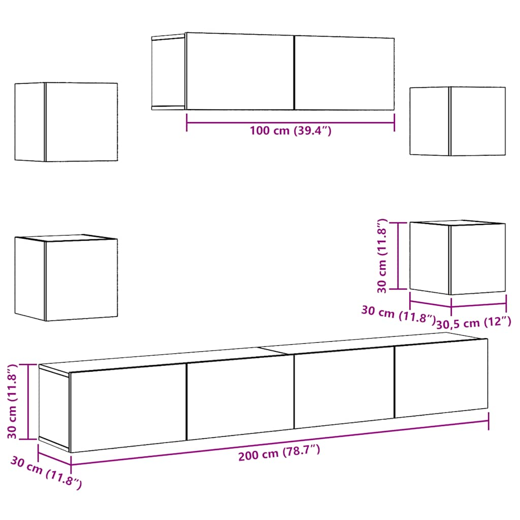 7-delig Tv-meubelset wandmontage bewerkt hout oud houtkleurig is nu te koop bij PeponiXL, paradijselijk wonen!