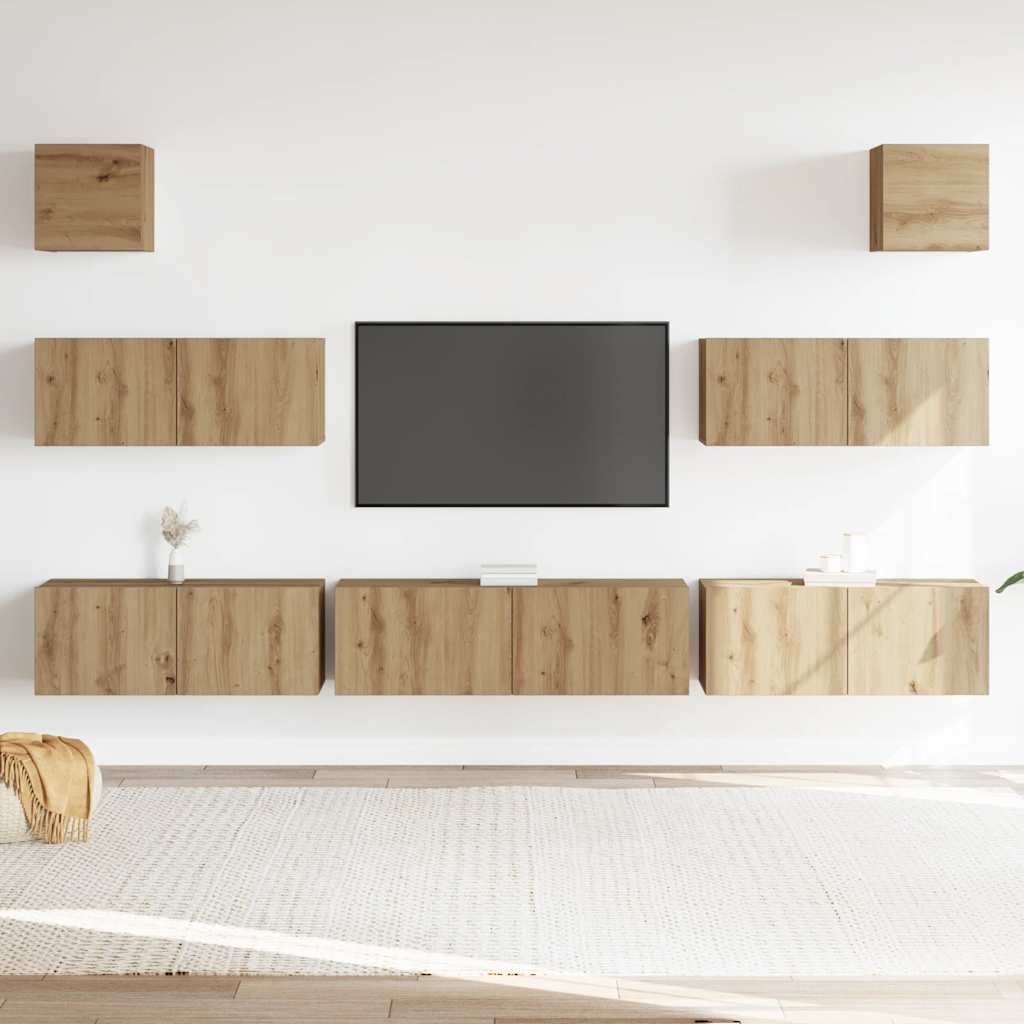 7-delig Tv-meubelset wandmontage bewerkt hout artisanaal eiken is nu te koop bij PeponiXL, paradijselijk wonen!