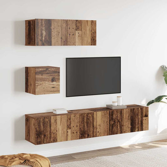 4-delig Tv-meubelset wandmontage bewerkt hout oud houtkleurig is nu te koop bij PeponiXL, paradijselijk wonen!