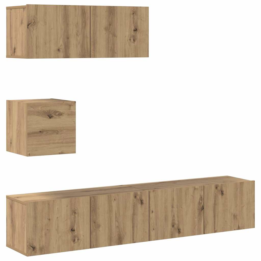4-delig Tv-meubelset wandmontage bewerkt hout artisanaal eiken is nu te koop bij PeponiXL, paradijselijk wonen!