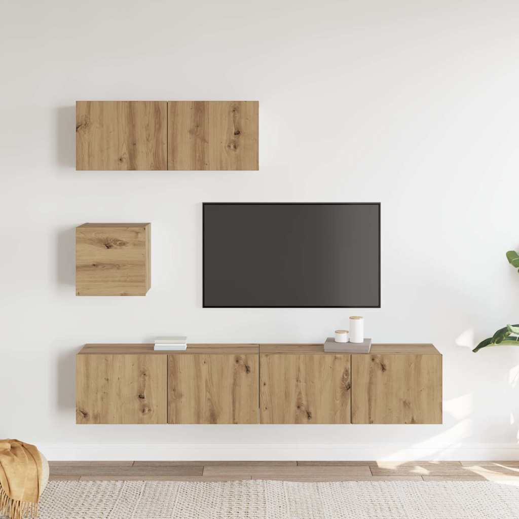 4-delig Tv-meubelset wandmontage bewerkt hout artisanaal eiken is nu te koop bij PeponiXL, paradijselijk wonen!