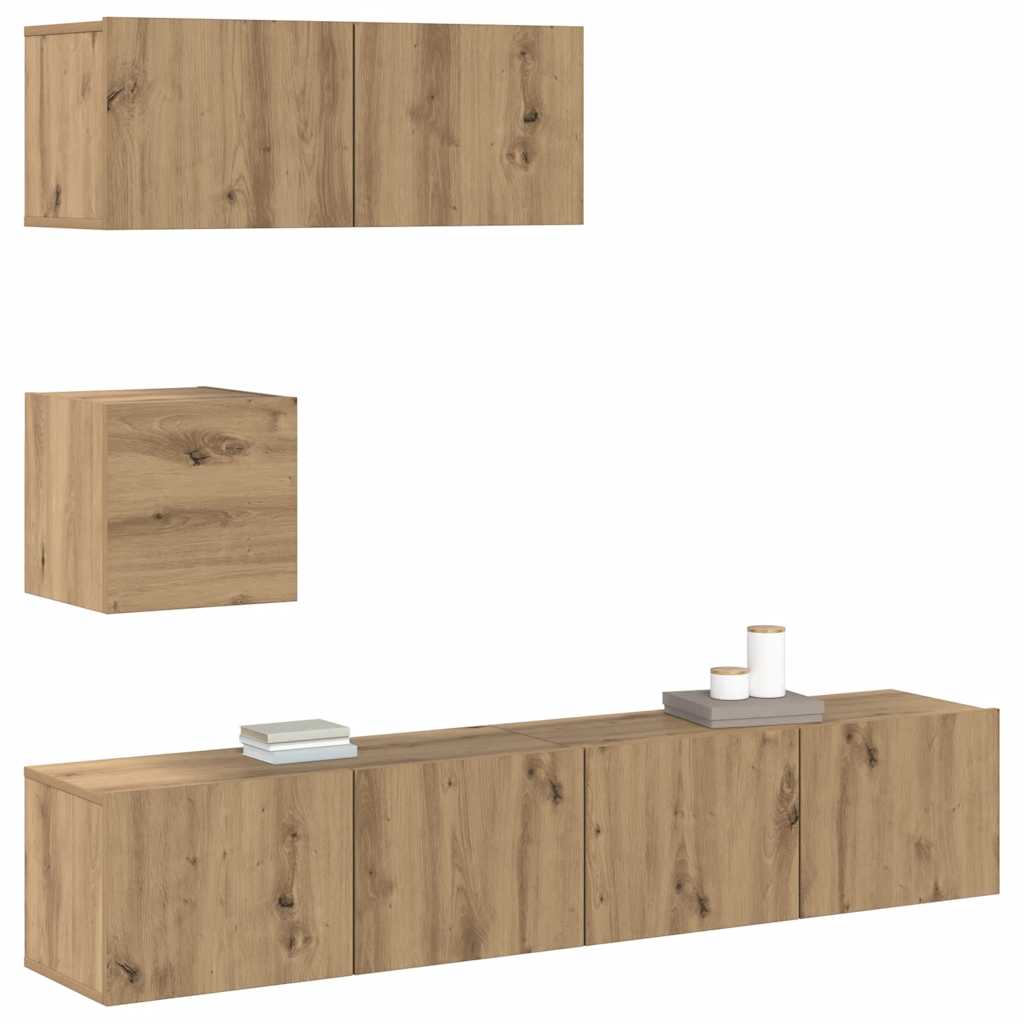 4-delig Tv-meubelset wandmontage bewerkt hout artisanaal eiken is nu te koop bij PeponiXL, paradijselijk wonen!