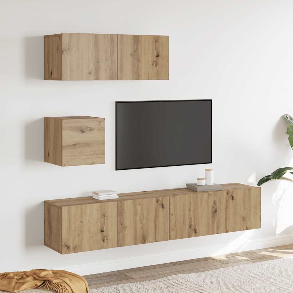 4-delig Tv-meubelset wandmontage bewerkt hout artisanaal eiken is nu te koop bij PeponiXL, paradijselijk wonen!