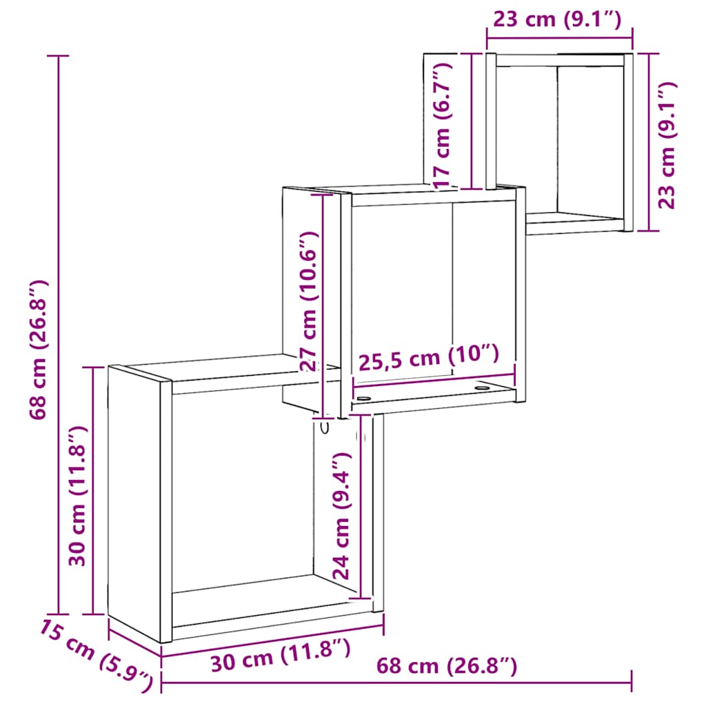 Wandplanken kubus 68x15x68cm bewerkt hout zwart eikenkleur is nu te koop bij PeponiXL, paradijselijk wonen!