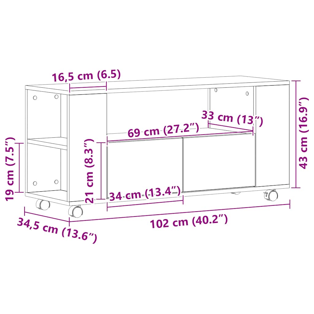 Tv-meubel wielen 102x34,5x43 cm spaanplaat zwart eikenkleurig is nu te koop bij PeponiXL, paradijselijk wonen!