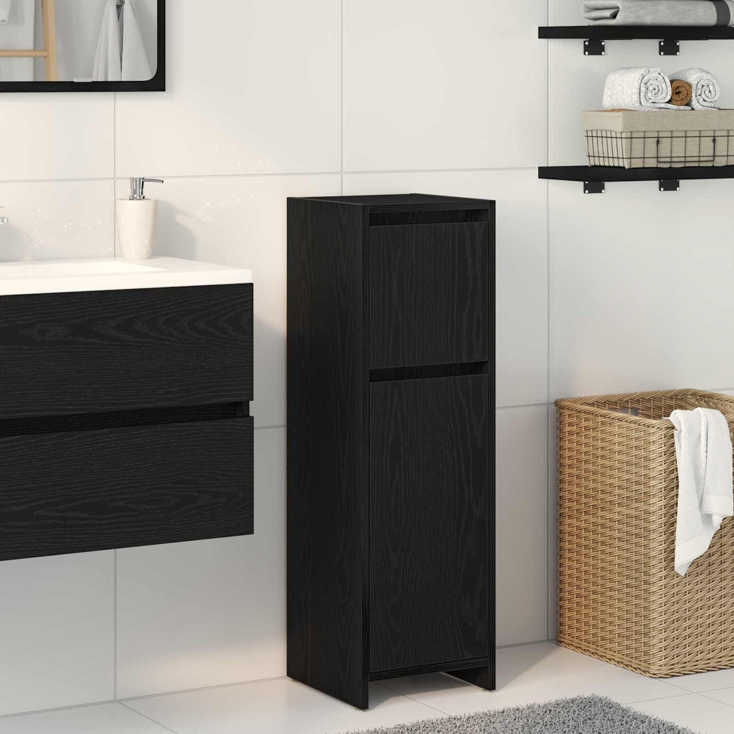 Badkamer Kast met lade Zwart Eiken 30 x 30 x 95 cm Bewerkt hout is nu te koop bij PeponiXL, paradijselijk wonen!