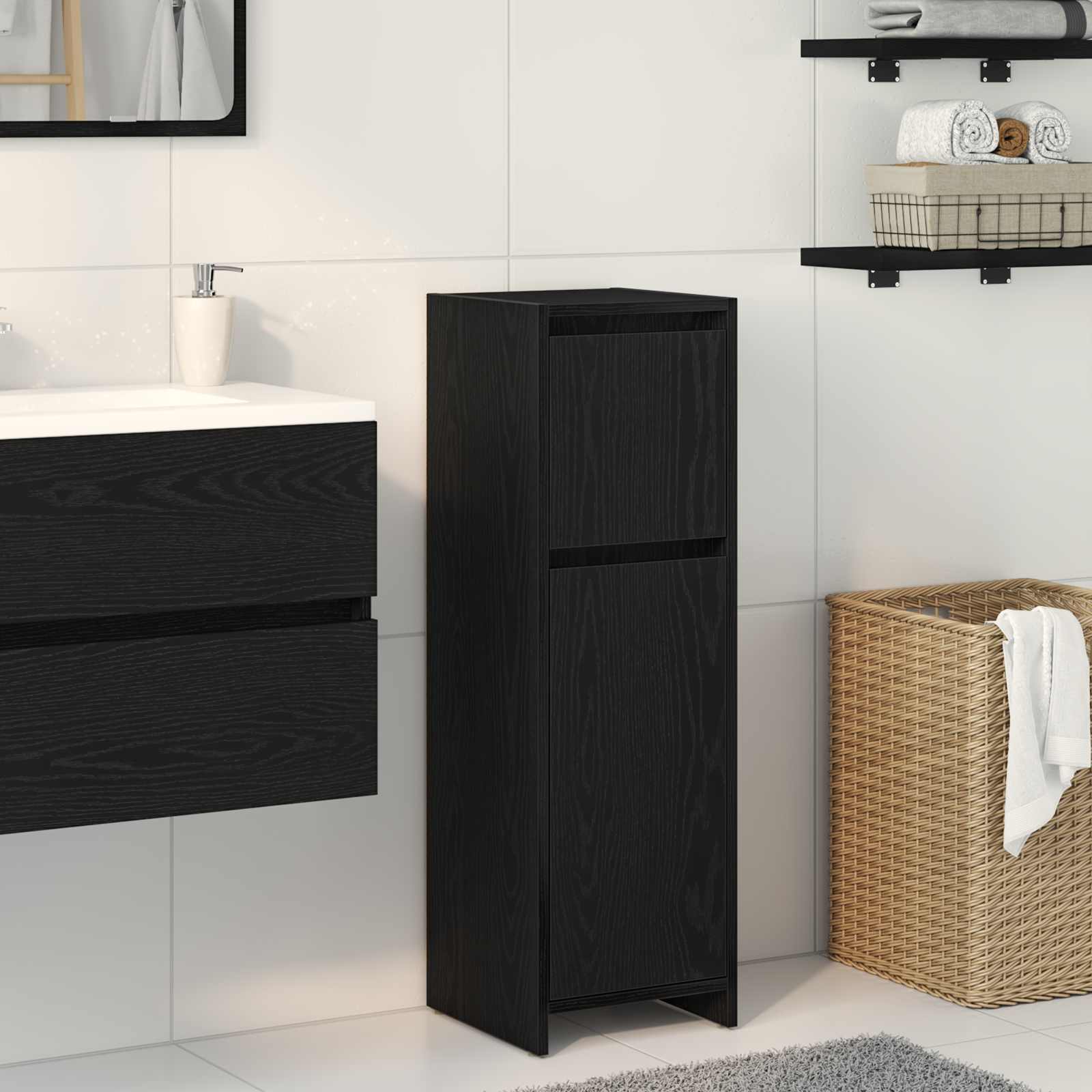 Badkamer Kast met lade Zwart Eiken 30 x 30 x 95 cm Bewerkt hout is nu te koop bij PeponiXL, paradijselijk wonen!