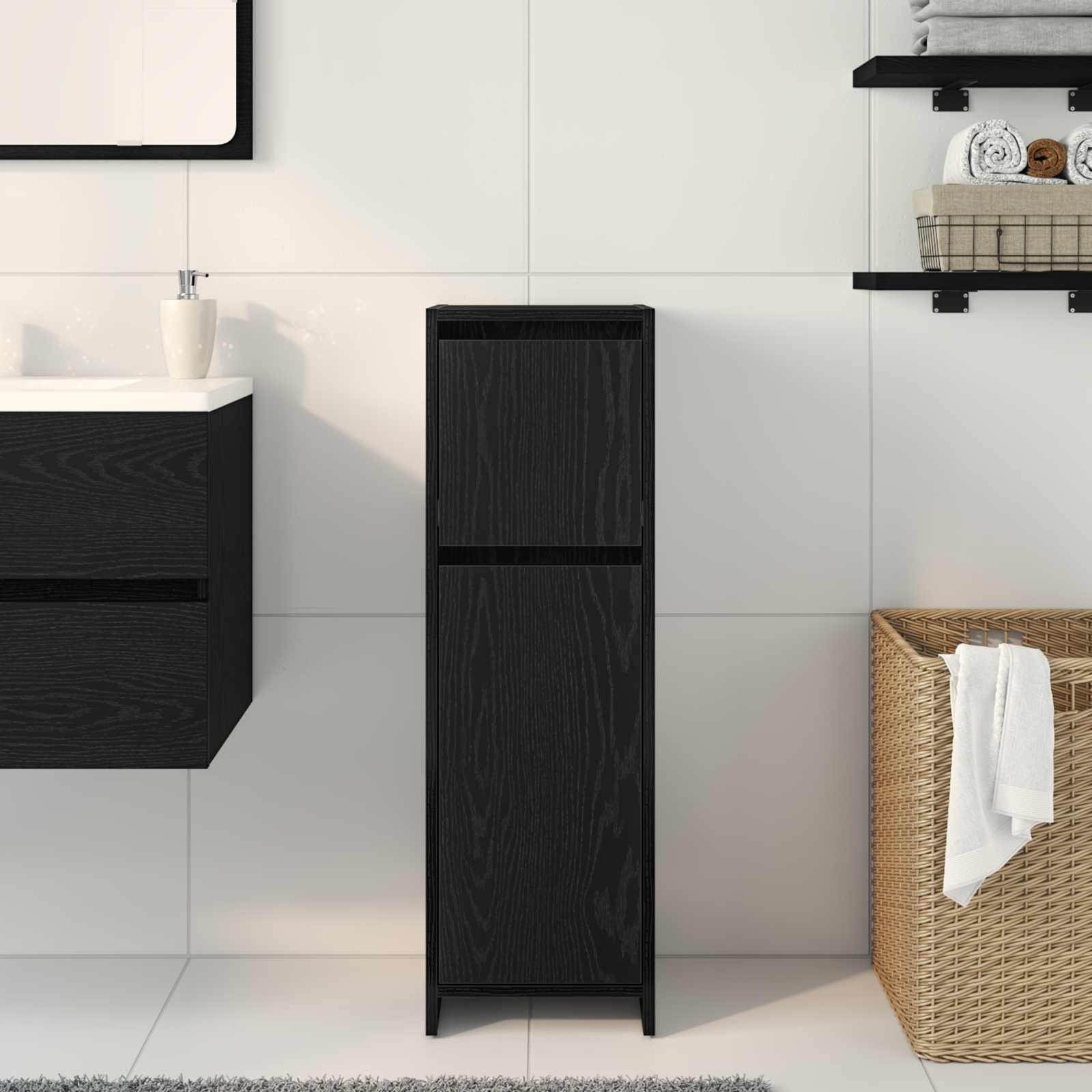 Badkamer Kast met lade Zwart Eiken 30 x 30 x 95 cm Bewerkt hout is nu te koop bij PeponiXL, paradijselijk wonen!