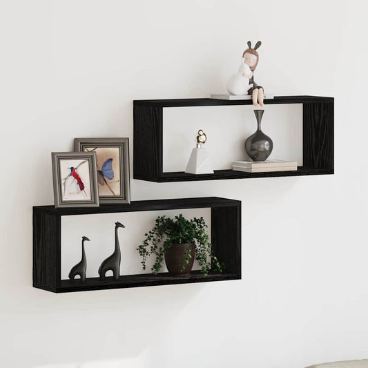 Wandschappen 2 pcs Zwart Eiken 60 x 15 x 23 cm Bewerkt hout is nu te koop bij PeponiXL, paradijselijk wonen!