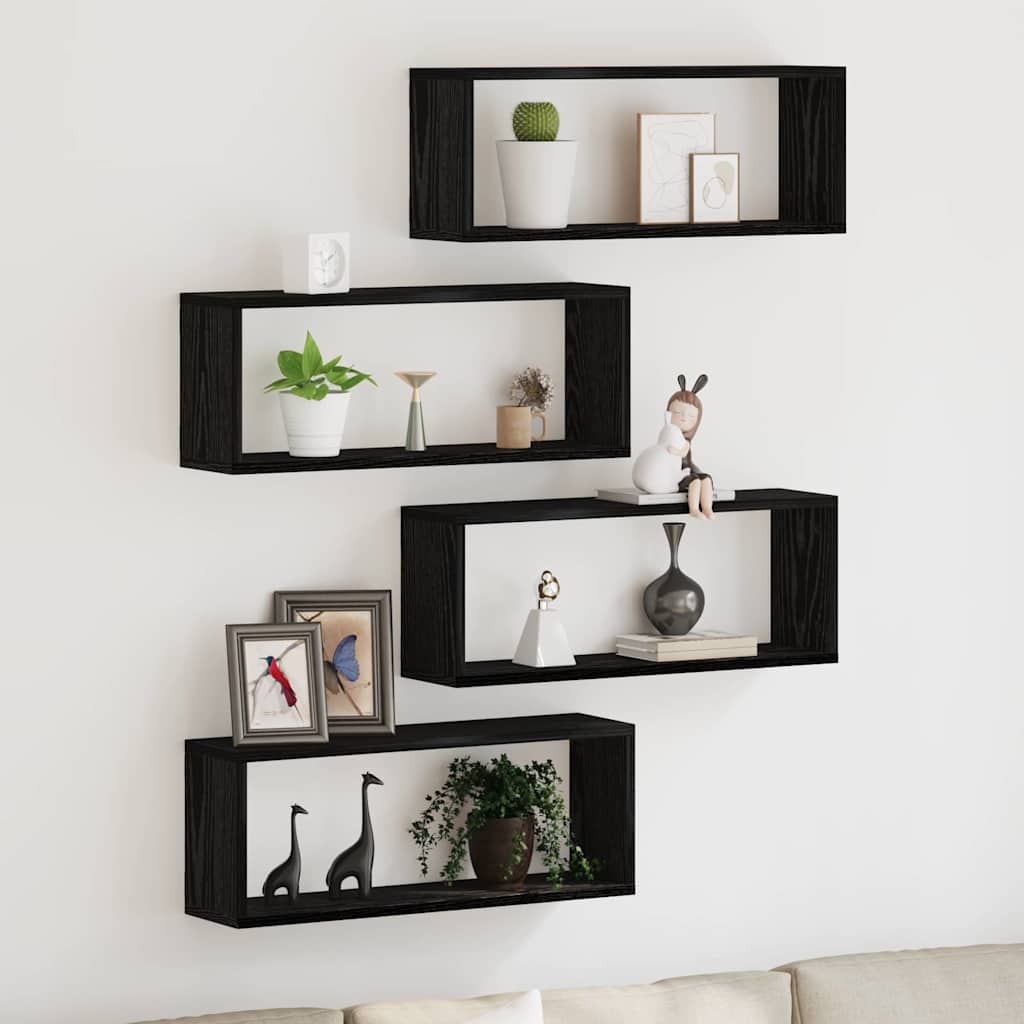 Wandschappen 4 pcs Zwart Eiken 60 x 15 x 23 cm Bewerkt hout is nu te koop bij PeponiXL, paradijselijk wonen!