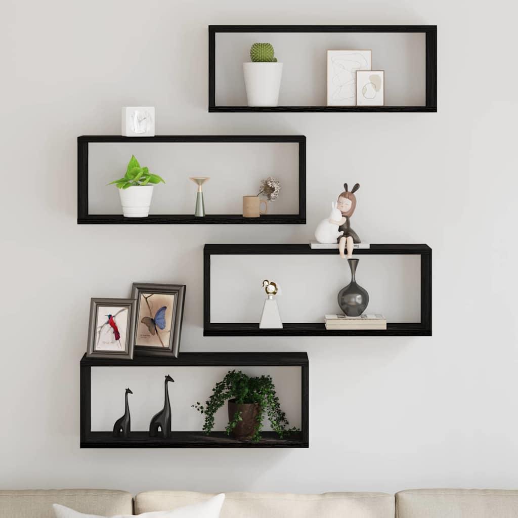 Wandschappen 4 pcs Zwart Eiken 60 x 15 x 23 cm Bewerkt hout is nu te koop bij PeponiXL, paradijselijk wonen!