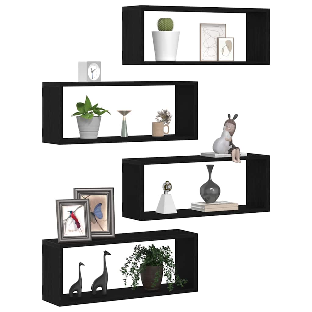 Wandschappen 4 pcs Zwart Eiken 60 x 15 x 23 cm Bewerkt hout is nu te koop bij PeponiXL, paradijselijk wonen!