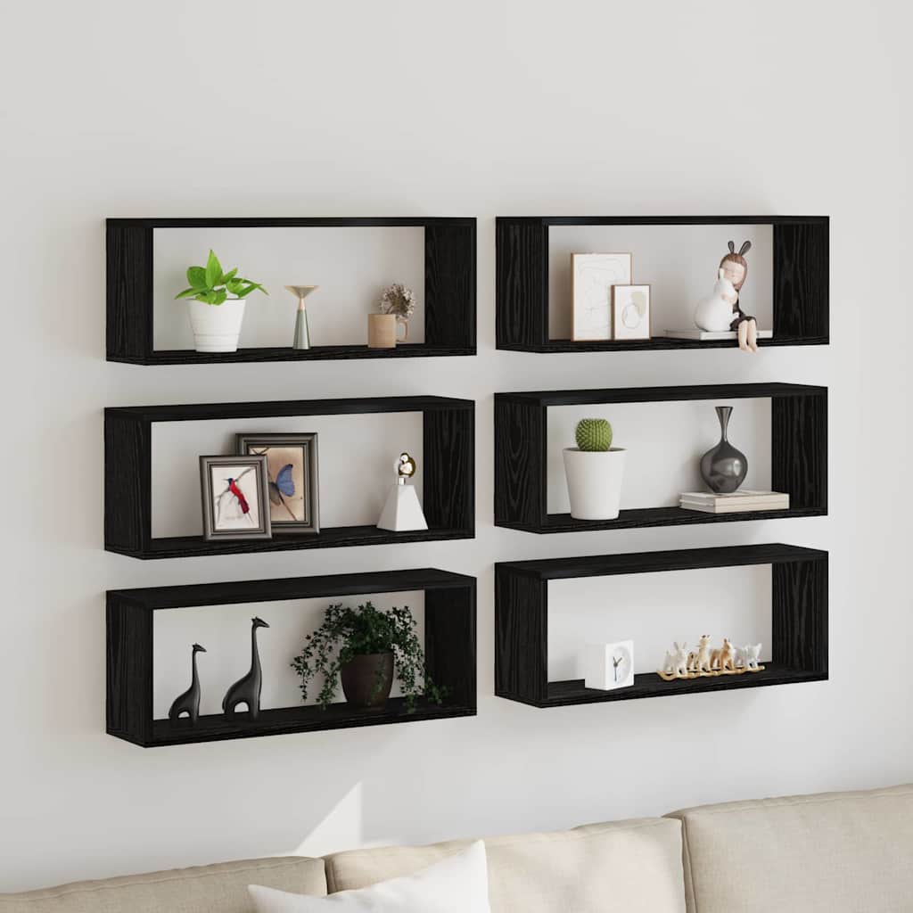 Wandschappen 6 pcs Zwart Eiken 60 x 15 x 23 cm Bewerkt hout is nu te koop bij PeponiXL, paradijselijk wonen!