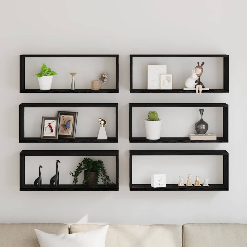 Wandschappen 6 pcs Zwart Eiken 60 x 15 x 23 cm Bewerkt hout is nu te koop bij PeponiXL, paradijselijk wonen!