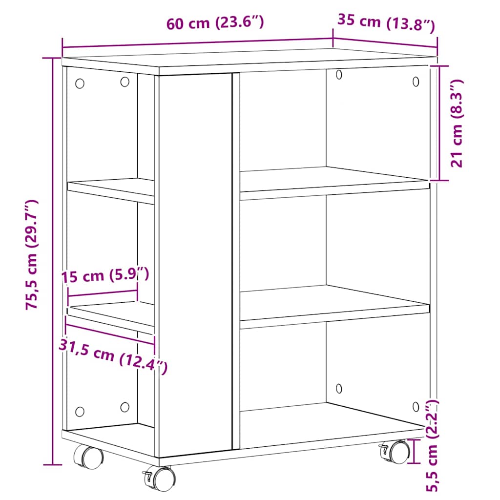 Opbergkast met wiel Zwart Eiken 60 x 35 x 75 cm Bewerkt hout is nu te koop bij PeponiXL, paradijselijk wonen!