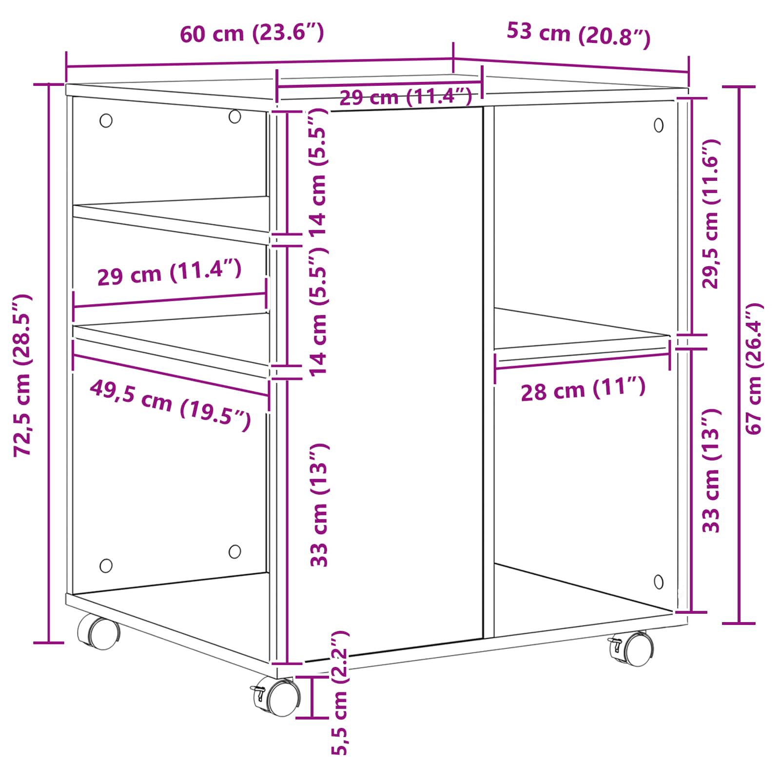 Opbergkast met wiel Zwart Eiken 60 x 53 x 72,5 cm Bewerkt hout is nu te koop bij PeponiXL, paradijselijk wonen!