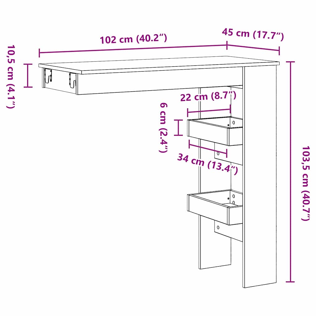 Wandbar Tafel Zwart Eiken 102 x 45 x 103,5 cm Bewerkt hout is nu te koop bij PeponiXL, paradijselijk wonen!