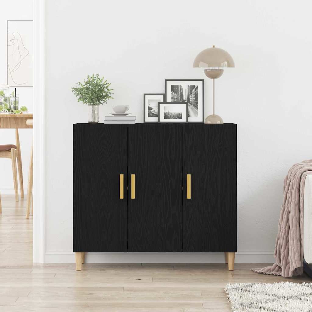 Dressoir Zwart Eiken 90 x 34 x 80 cm Bewerkt hout is nu te koop bij PeponiXL, paradijselijk wonen!