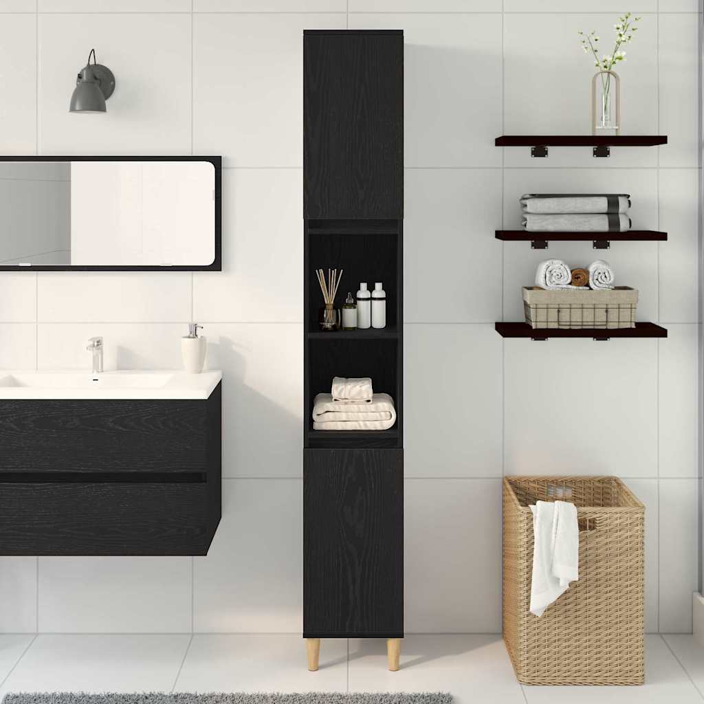 Badkamer Kast Zwart Eiken 30 x 30 x 190 cm Bewerkt hout is nu te koop bij PeponiXL, paradijselijk wonen!