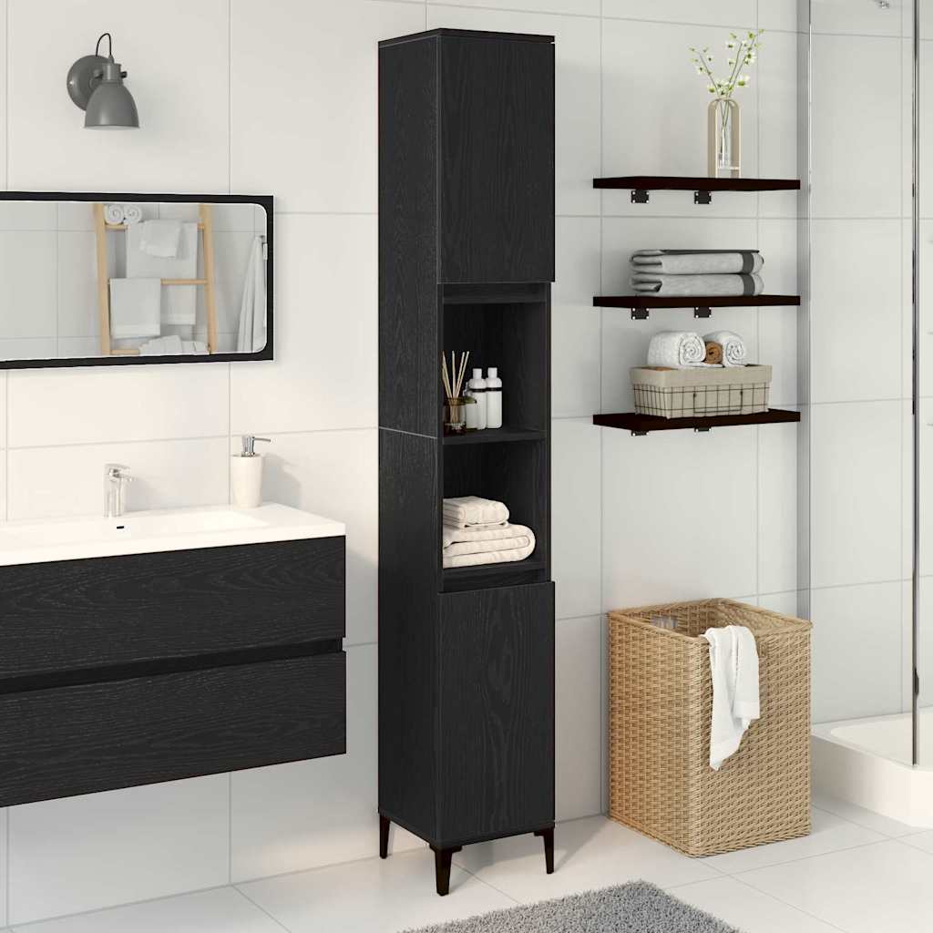 Badkamer Kast Zwart Eiken 30 x 30 x 190 cm Bewerkt hout is nu te koop bij PeponiXL, paradijselijk wonen!