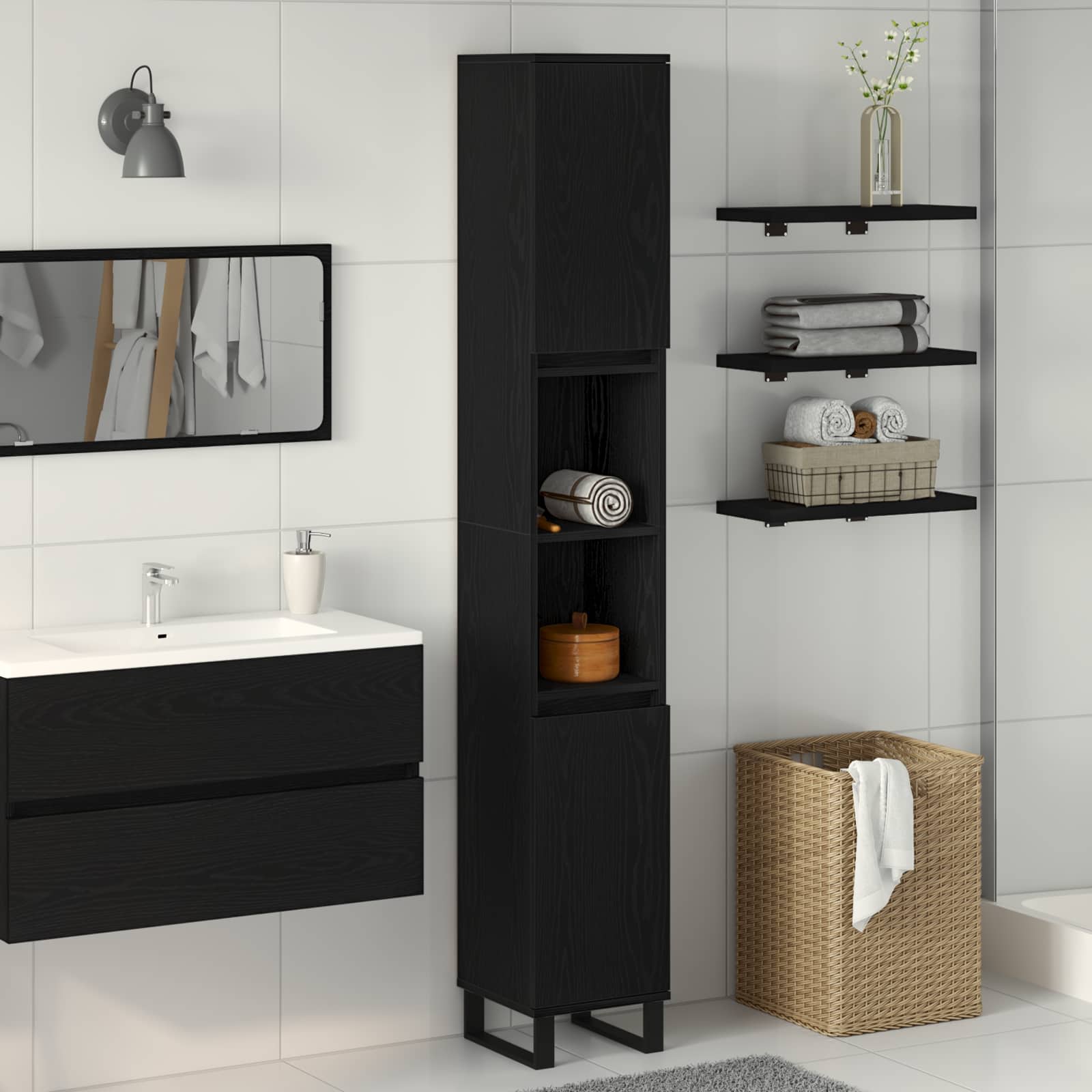 Badkamer Kast Zwart Eiken 30 x 30 x 190 cm Bewerkt hout is nu te koop bij PeponiXL, paradijselijk wonen!