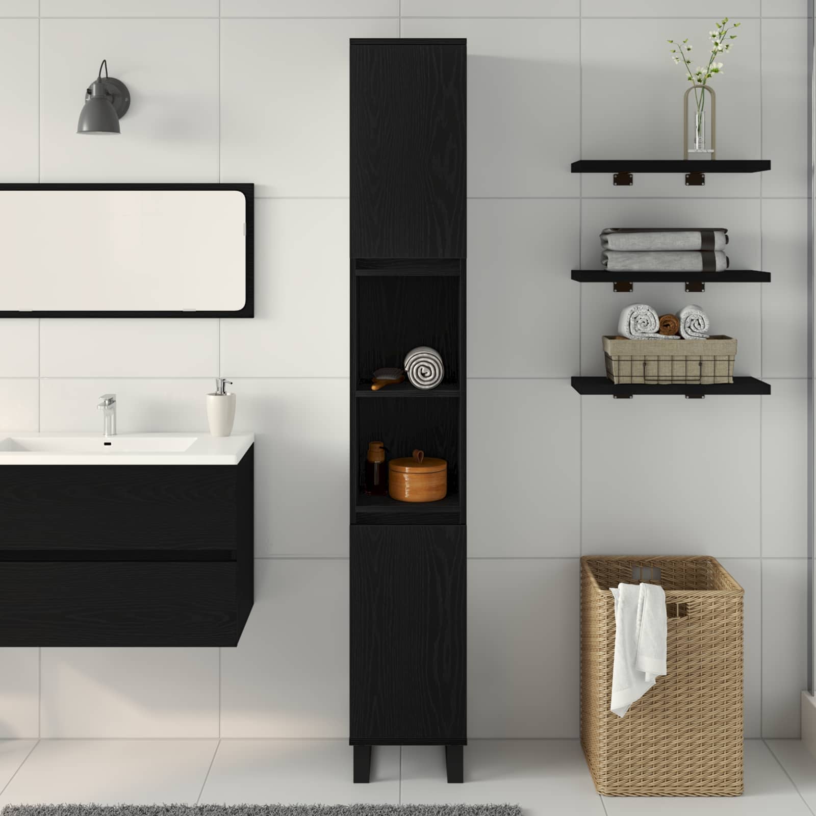Badkamer Kast Zwart Eiken 30 x 30 x 190 cm Bewerkt hout is nu te koop bij PeponiXL, paradijselijk wonen!