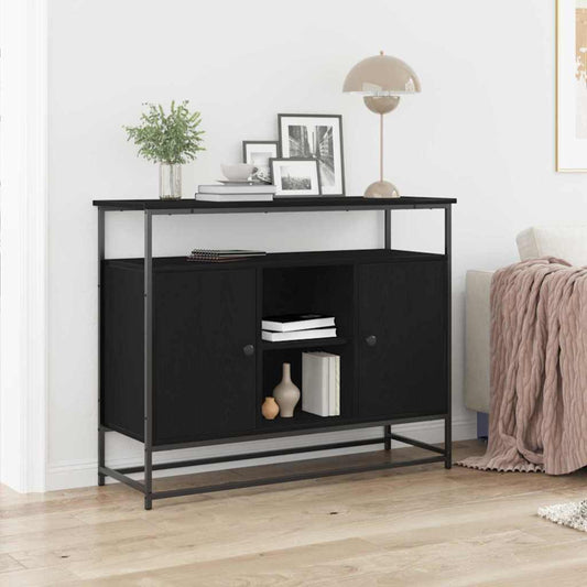 Dressoir Zwart Eiken 100 x 35 x 80 cm Bewerkt hout is nu te koop bij PeponiXL, paradijselijk wonen!