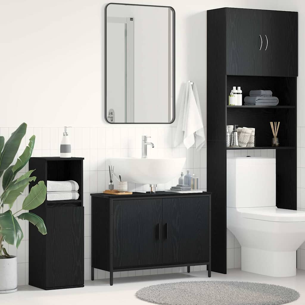 Badkamer wastafelkast Zwart Eiken 80 x 30 x 60 cm Bewerkt hout is nu te koop bij PeponiXL, paradijselijk wonen!