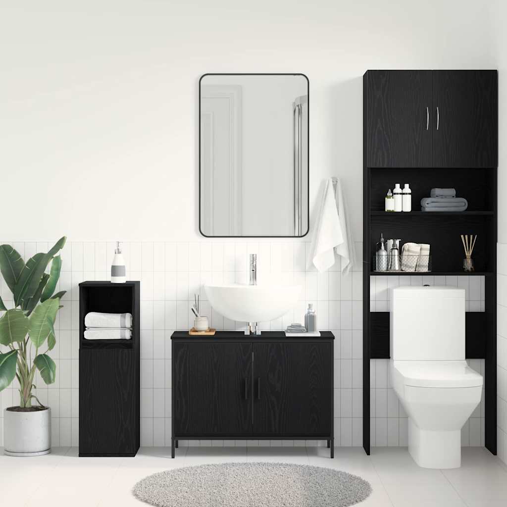 Badkamer wastafelkast Zwart Eiken 80 x 30 x 60 cm Bewerkt hout is nu te koop bij PeponiXL, paradijselijk wonen!