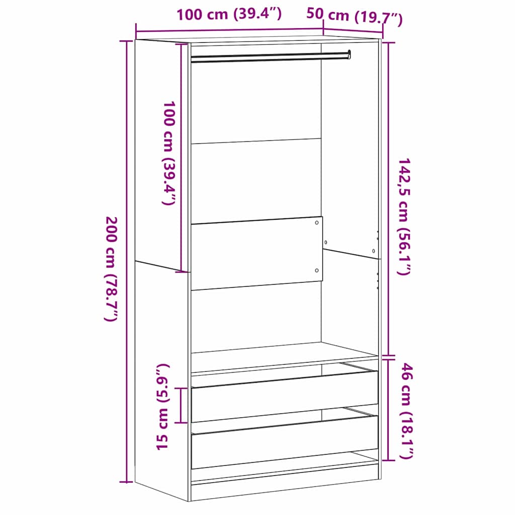 Kledingkast met lade Zwart Eiken 100 x 50 x 200 cm Bewerkt hout is nu te koop bij PeponiXL, paradijselijk wonen!