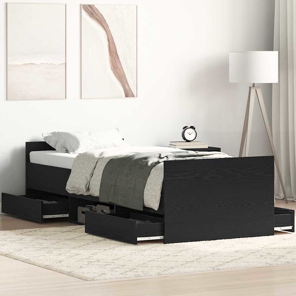 Bedframe met lade Zwart Eiken 193 x 78 x 50 cm Bewerkt hout is nu te koop bij PeponiXL, paradijselijk wonen!