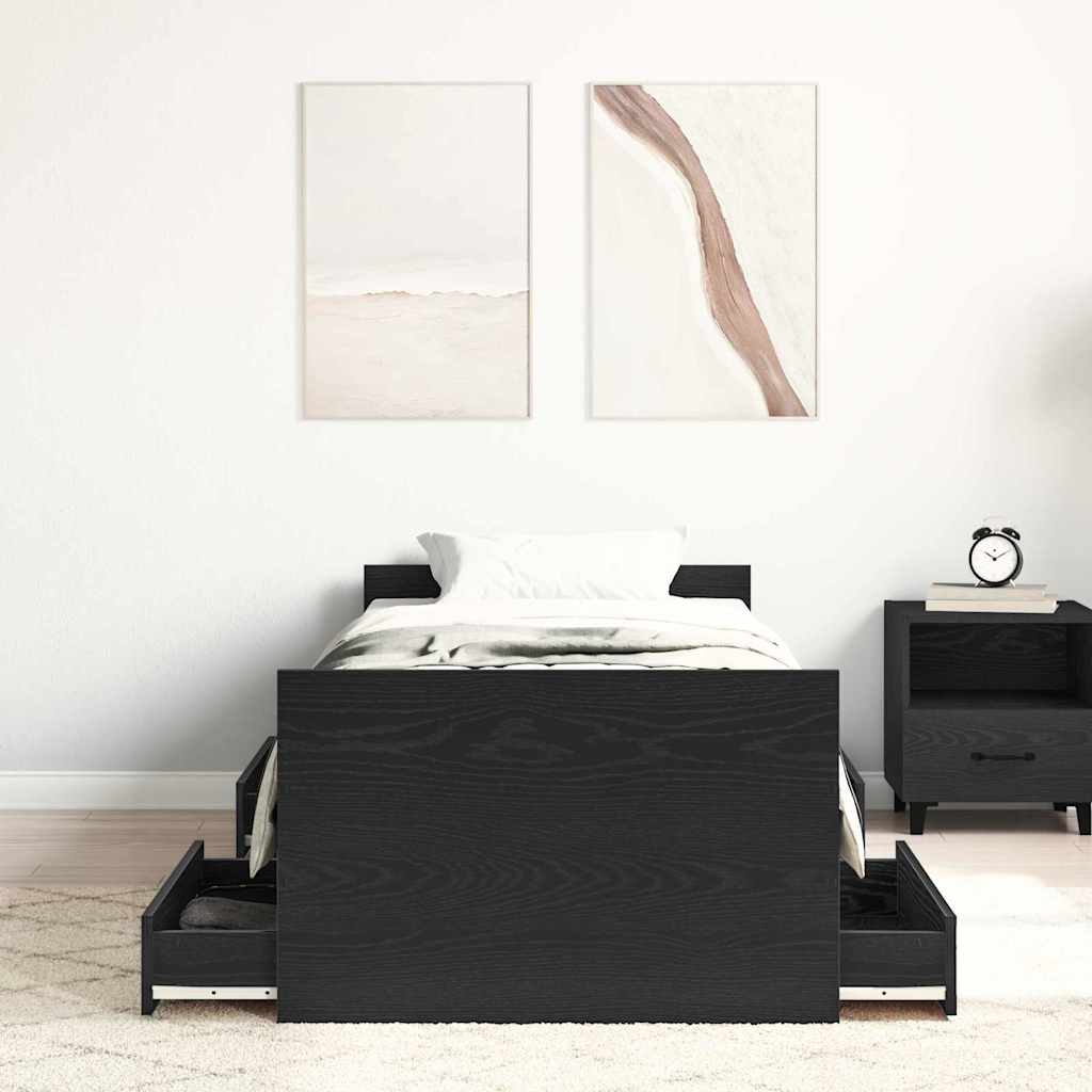 Bedframe met lade Zwart Eiken 193 x 78 x 50 cm Bewerkt hout is nu te koop bij PeponiXL, paradijselijk wonen!