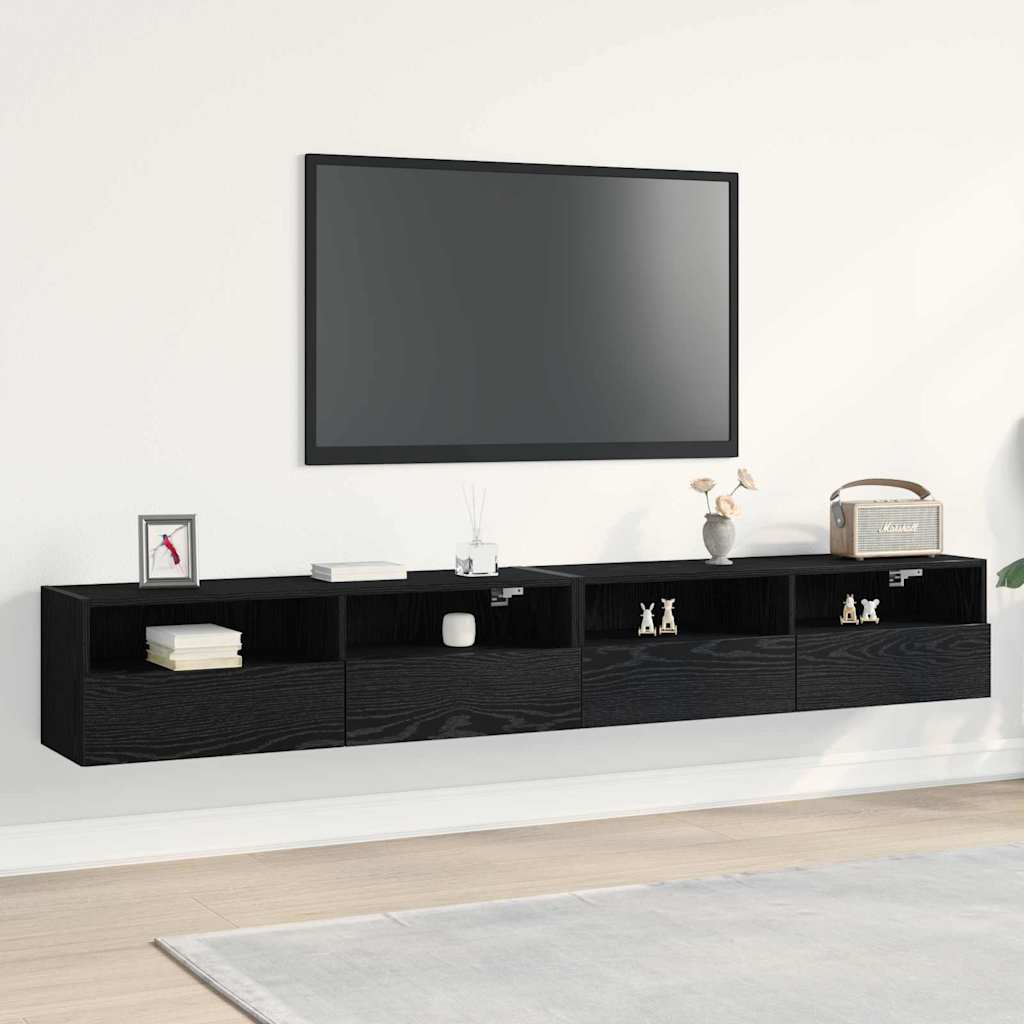 TV Wandkast 2 pcs Zwart eiken 100 x 30 x 30 cm Bewerkt hout is nu te koop bij PeponiXL, paradijselijk wonen!