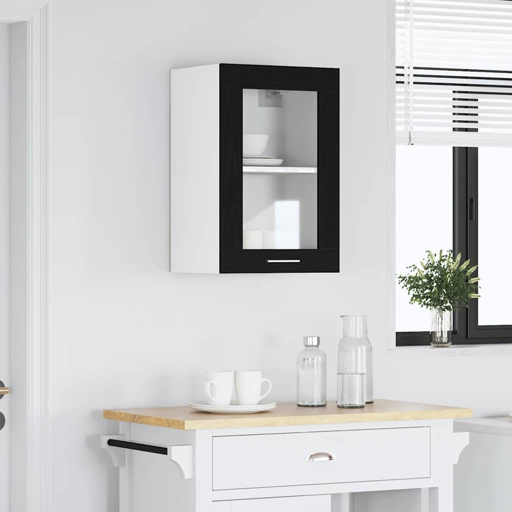 Hangende glazen kast zwart eikenkleurig 40x31x60 cm bewerkt hout is nu te koop bij PeponiXL, paradijselijk wonen!