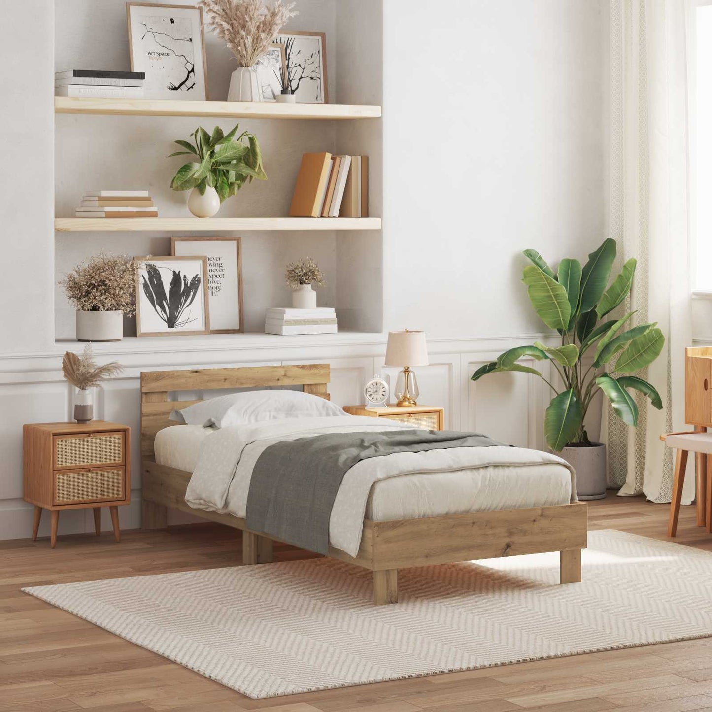 Bedframe met LED Artisan Eiken 90 x 190 cm Bewerkt hout is nu te koop bij PeponiXL, paradijselijk wonen!