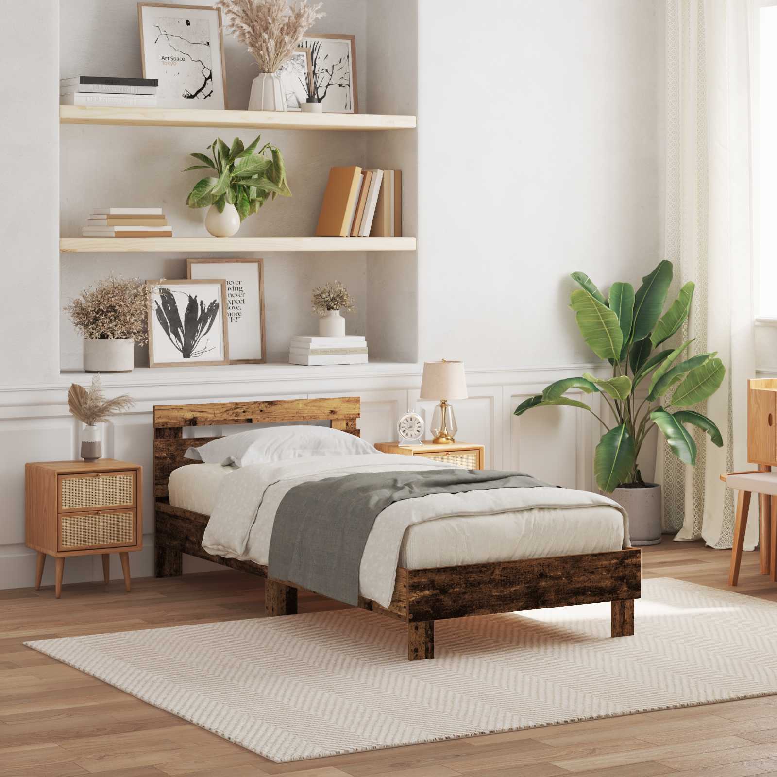 Bedframe met LED Oudhout 75 x 190 cm Bewerkt hout is nu te koop bij PeponiXL, paradijselijk wonen!