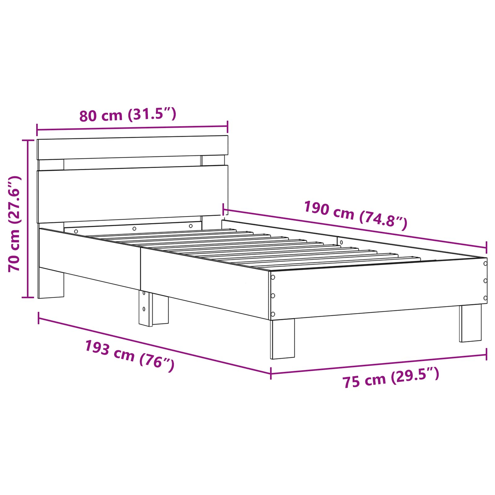 Bedframe met LED Zwart Eiken 75 x 190 cm Bewerkt hout is nu te koop bij PeponiXL, paradijselijk wonen!