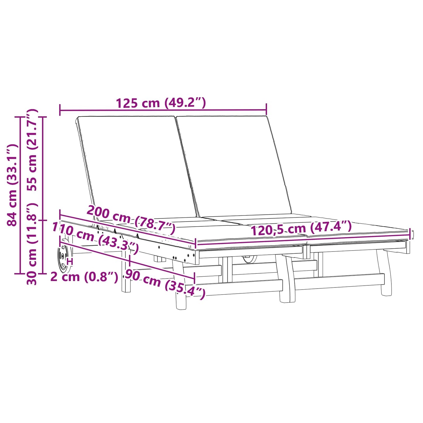 Ligstoel 2-persoon Bruin 63 x 199 x 85 cm Massief Acaciahout is nu te koop bij PeponiXL, paradijselijk wonen!