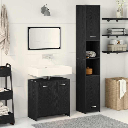 Badkamermeubelset met plank 3 pcs Zwart Eiken Bewerkt hout is nu te koop bij PeponiXL, paradijselijk wonen!