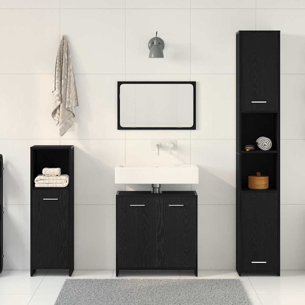 Badkamermeubelset met plank 4 pcs Zwart Eiken Bewerkt hout is nu te koop bij PeponiXL, paradijselijk wonen!