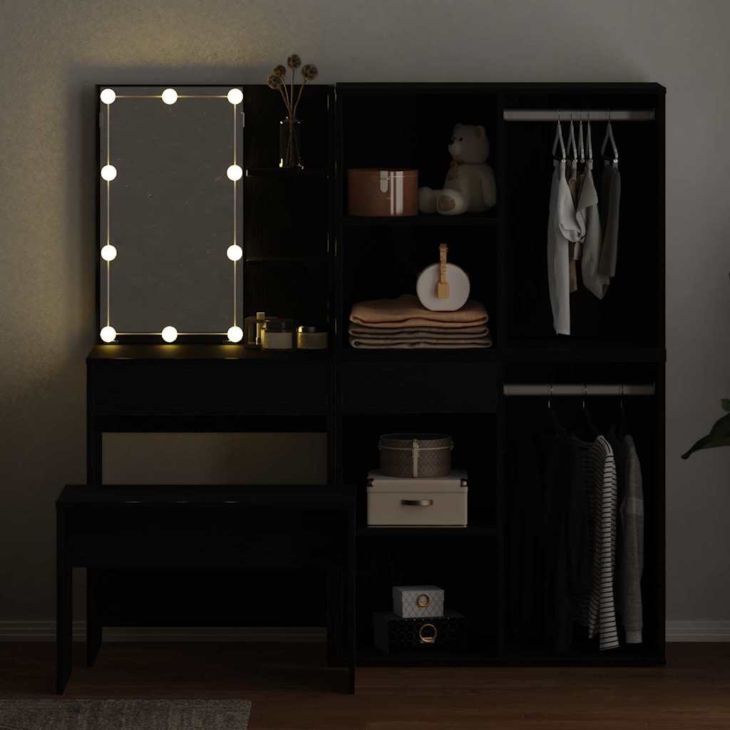 Make-up tafel set met LED 4 pcs Zwart Eiken Bewerkt hout