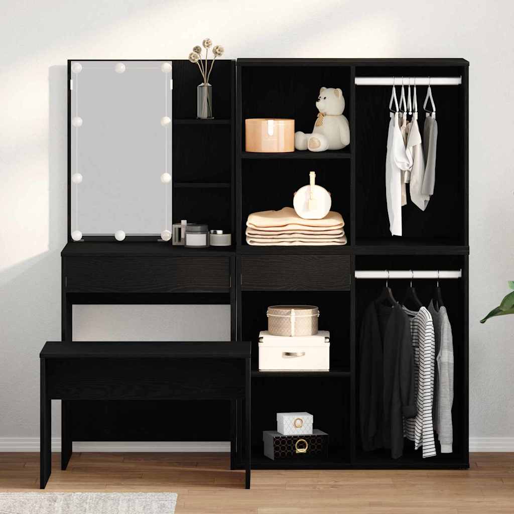 Make-up tafel set met LED 4 pcs Zwart Eiken Bewerkt hout