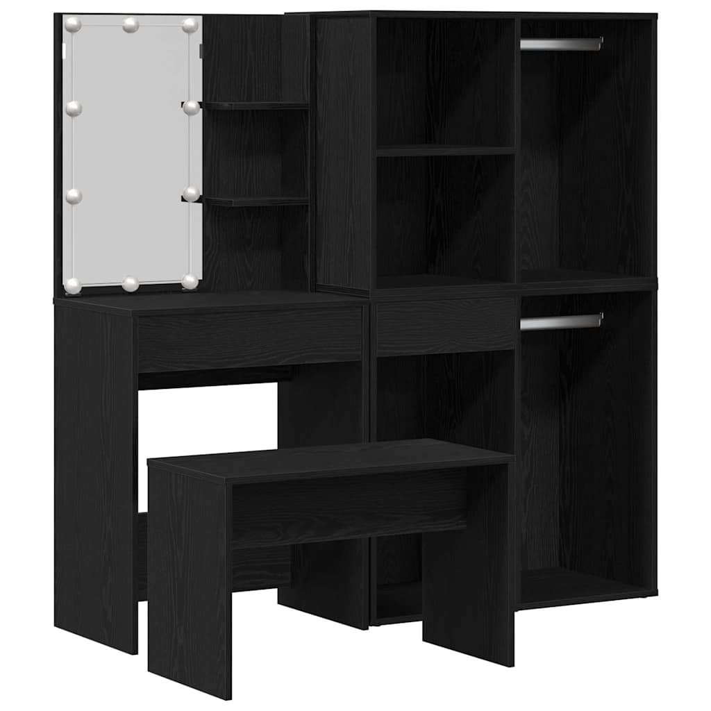 Make-up tafel set met LED 4 pcs Zwart Eiken Bewerkt hout