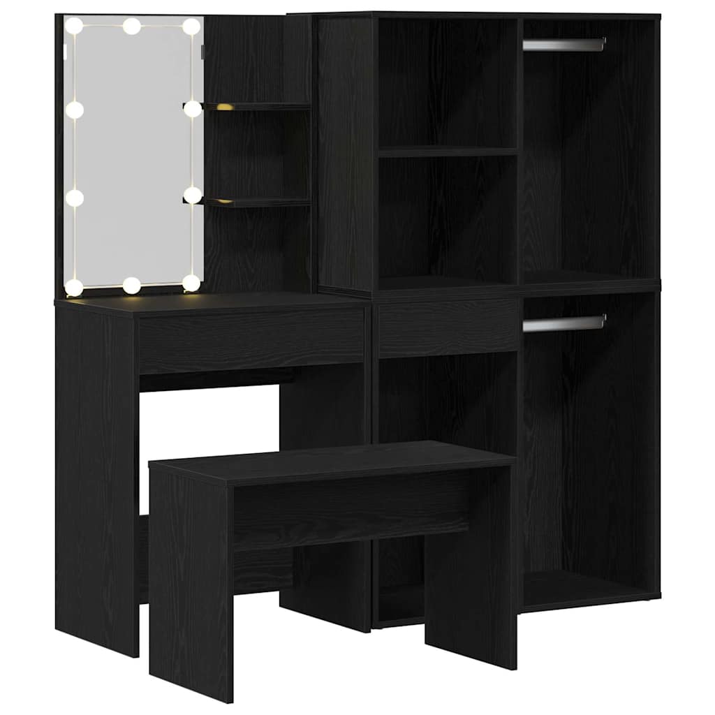 Make-up tafel set met LED 4 pcs Zwart Eiken Bewerkt hout